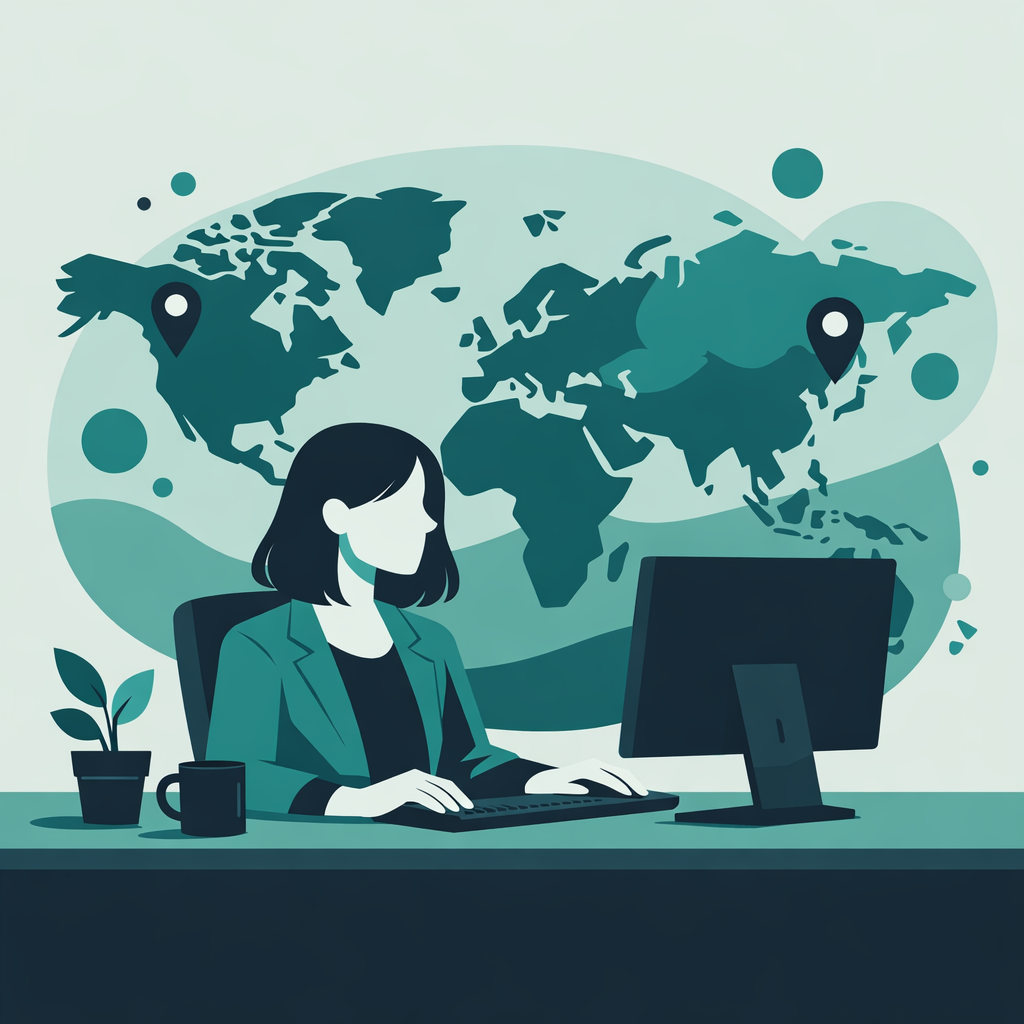 Professional Working on Computer with Styled World Map Background